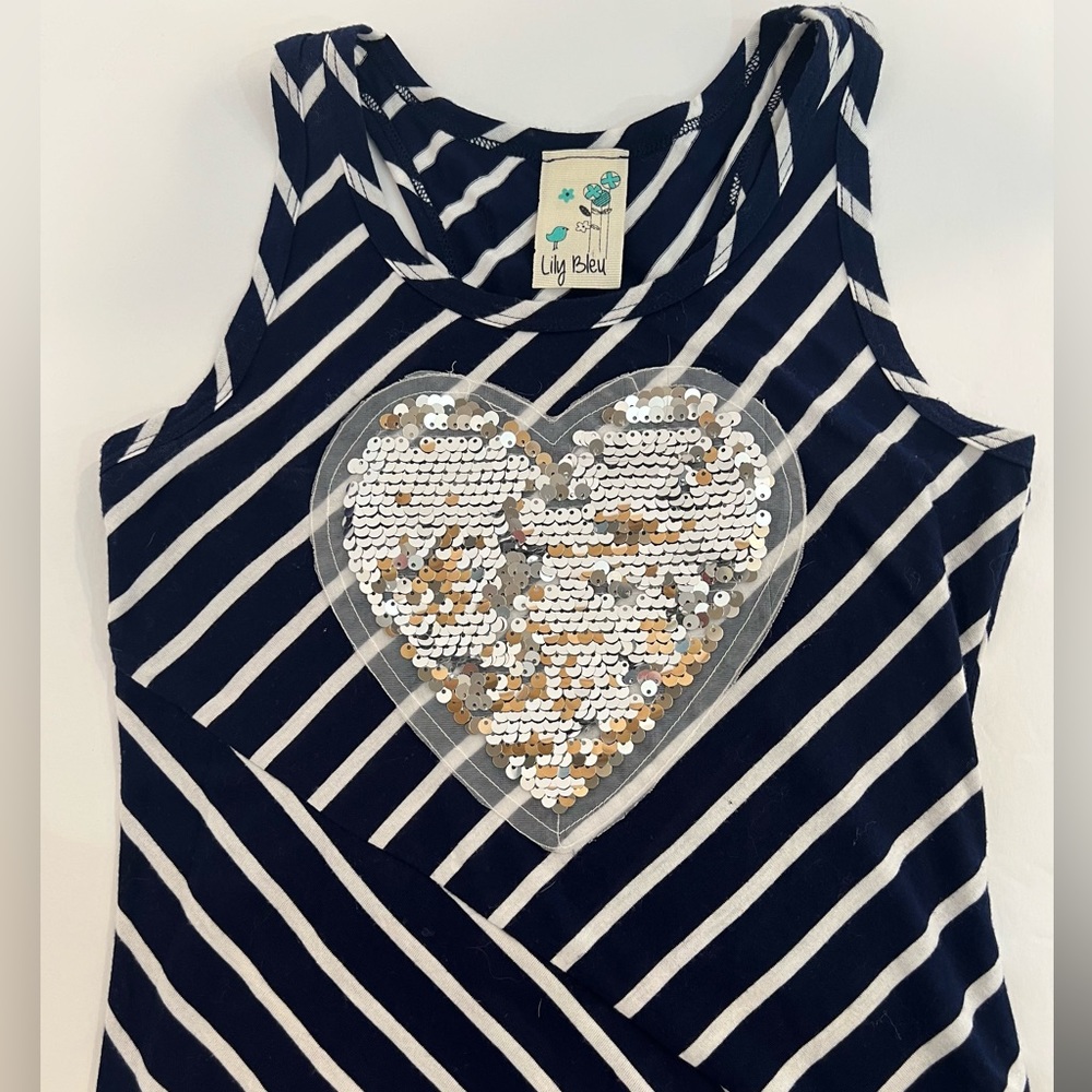 Lily Bleu Dress, Girls 10/12, Navy Blue/White Stripes w/ silver sequence heart